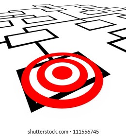 A Bulls-eye Target On A Box In An Organization Org Chart Diagram, Representing One Position Or Employee Being Targeted Or Watched For Promotion Or Elimination