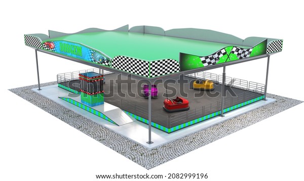 Bumper car track. Bumper cars and ticket\
booth.3d\
rendering.