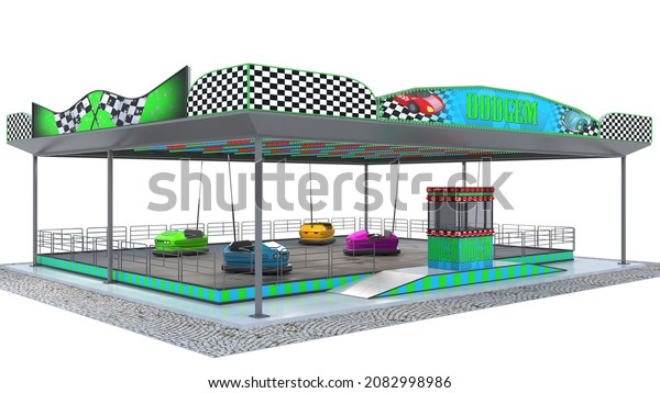 Bumper car track isolated on white\
background. Bumper cars and ticket booth.3d\
rendering.