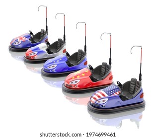 Bumper Cars With US, China, EU, Russian And UK Flags - 3D Illustration