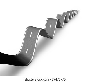 Bumpy road and tough times ahead symbol with a wavy hilly road curving up and down showing the concept of market fluctuations and a rough road to economic recovery on a white background and shadow.