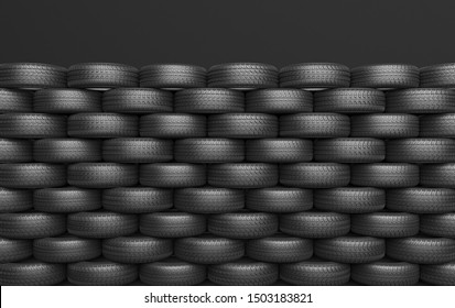 A bunch of car tires lie in a row on a black background. Mock up for advertising of tire fitting or auto maintenance. 3D rendering. - Powered by Shutterstock