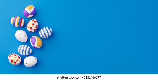 Bunch of colorful eggs on a blue Easter background 3D Rendering. Pile of birght and colorful Easter Eggs - 3d render. Easter concept composition frame border - Powered by Shutterstock