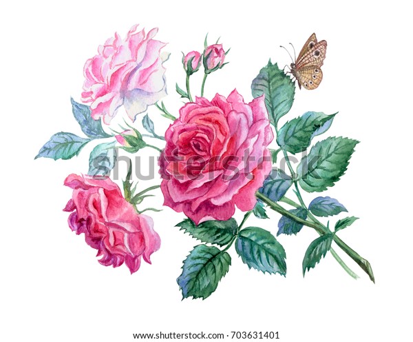 Bunch Delicate Pink Roses Butterfly Drawing Stock Illustration ...