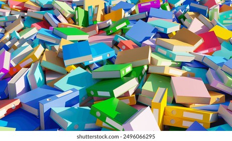Bunch of folders with documents. Clutter in archive concept. Folders for storing business documentation. Multi-colored boxes for archival papers. Background from documents folders. 3d image