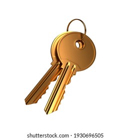 Bunch of golden keys with ring isolated on white background. 3d render illustration
