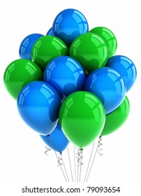A Bunch Of Green And Blue Party Balloons Over White Background