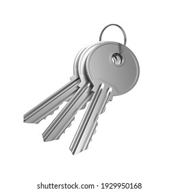 Bunch of keys with ring isolated on white background. 3d render illustration