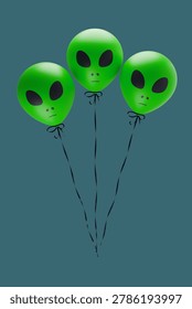 Куча космических шаров-инопланетян, подходящих для космических вечеринок и празднования Всемирного дня НЛО. Иллюстрация 3D-рендеринга. Трехмерная иллюстрация