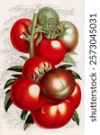 A bunch of tomatoes ( c. 1854) chromolithograph by P. de Pannemaeker. Vintage botanical plant art drawing illustration, old painting art print. Vintage botanical artwork illustration.