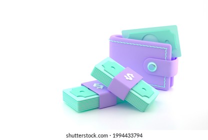 Bundle Of Cash Wallet And Money Stack. Money-saving, Cashless Society Concept. 3d Render Illustration