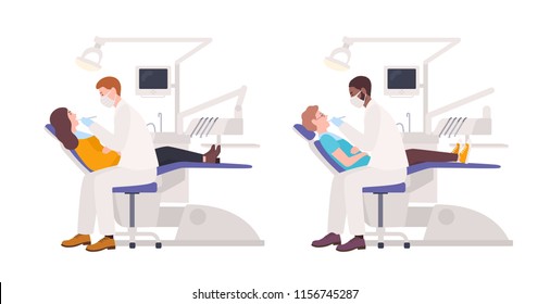 Bundle of dentists examining male and female patients lying in chairs. Set of dental surgeons treating man and woman isolated on white background. Flat cartoon characters. illustration. - Powered by Shutterstock