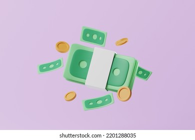Bundle of green banknotes dollar bill and coins on purple background. Business profit, exchange, money savings, investment earning, finance. 3d rendering