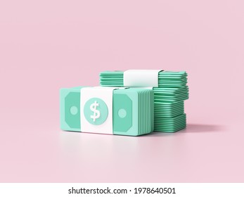Bundle of money, banknote on pink background, business investment profit, money saving concept. 3d render illustration