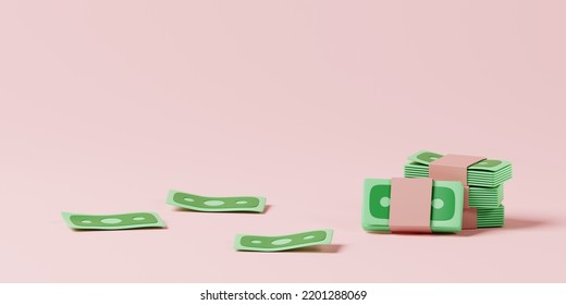 Bundle Of Money Banknotes On Background. Investment Profit, Cashflow. 3d Rendering