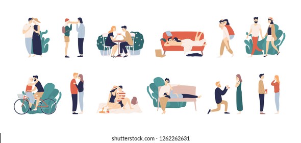 Bundle of scenes with adorable romantic couple. Man and woman kissing, hugging, riding bicycle, walking, eating, drinking cocktail, lying on sofa. Colorful illustration in flat cartoon style. - Powered by Shutterstock