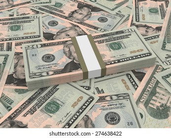 Bundle of twenty dollars bank notes on the background.  3D illustration.