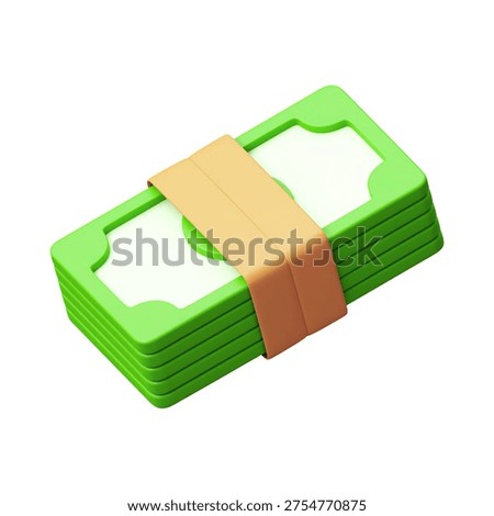 Bundle of vibrant green currency notes, tightly secured with a brown paper band, visually communicates finance, wealth, savings, successful investments, economic prosperity, and secure monetary transactions in a crisp, clean, three-dimensional graphic design ideal for various projects.