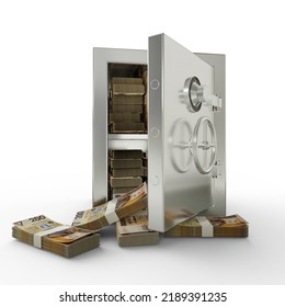 Bundles Of 200 Polish Zloty  In Steel Safe Box. 3D Rendering Of Stacks Of Money Inside Metallic Vault Isolated On White Background, Financial Protection Concept, Financial Safety.