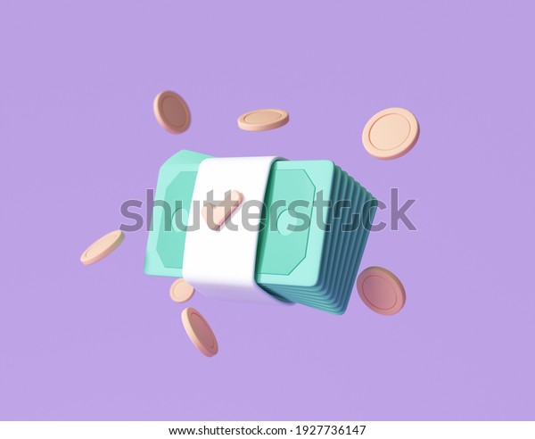 Bundles\
cash and floating coins around on purple background. money-saving,\
cashless society concept. 3d render\
illustration