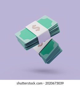 Bundles cash on purple background. Money-saving, cashless. Simple 3d render illustration.