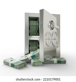 Bundles Of Colombian Peso In Steel Safe Box. 3D Rendering Of Stacks Of Money Inside Metallic Vault Isolated On White Background, Financial Protection Concept, Financial Safety.