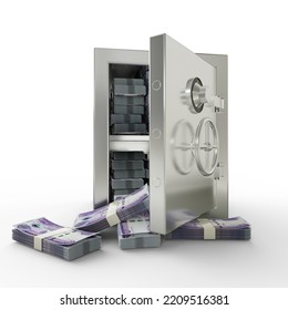 Bundles Of Ethiopian Birr In Steel Safe Box. 3D Rendering Of Stacks Of Money Inside Metallic Vault Isolated On White Background, Financial Protection Concept, Financial Safety.