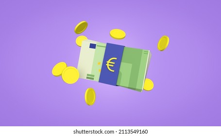Bundles euro cash and floating coins around 3d illustration