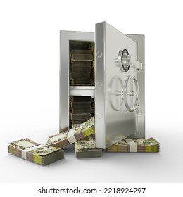 Bundles Of Iraqi Dinar In Steel Safe Box. 3D Rendering Of Stacks Of Money Inside Metallic Vault Isolated On White Background, Financial Protection Concept, Financial Safety.