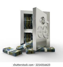 Bundles Of Mauritanian Ouguiya In Steel Safe Box. 3D Rendering Of Stacks Of Money Inside Metallic Vault Isolated On White Background, Financial Protection Concept, Financial Safety.