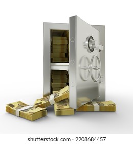 Bundles Of Zimbabwean Dollar In Steel Safe Box. 3D Rendering Of Stacks Of Money Inside Metallic Vault Isolated On White Background, Financial Protection Concept, Financial Safety.