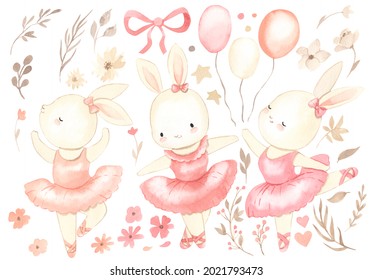 Bunny Ballerina Cute Watercolor Illustration Baby Stock Illustration ...