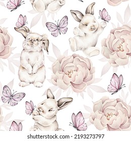 Bunny With Butterfly And Peonies.Cute Rabbit Print.Bunny Rabbit Pattern.Floral Print