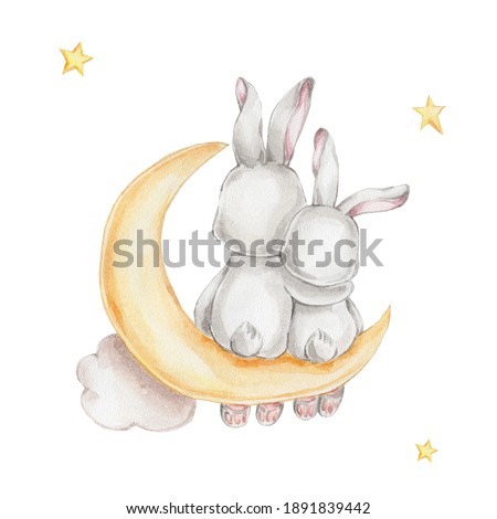 Bunny couple sitting on the moon; watercolor hand drawn illustration; can be used for postcards; with white isolated background
