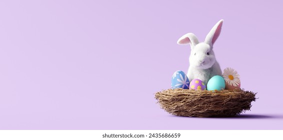 Bunny with Easter eggs in bird nest on purple background. 3d rendering - Powered by Shutterstock