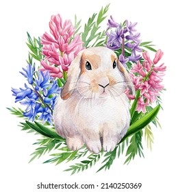 Bunny with flowers on white isolated background, watercolor illustration, digital poster. Easter rabbit 