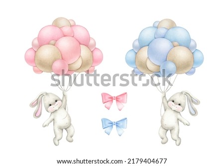 Bunny girl and bunny boy flying in balloons.
Watercolor hand painted illustrations for baby shower isolated on white background .