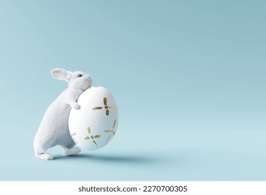 Bunny holding easter egg pastel blue background  3d rendering 