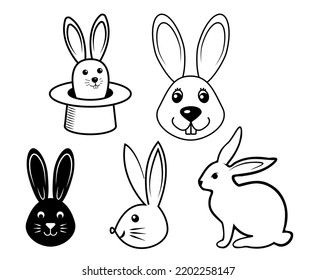 Bunny Outline, Flat Illustration Set, Group Of Bunny Clipart Isolated On White Background.