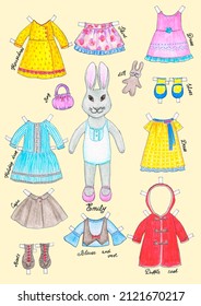 Bunny Paper Doll With Clothes In Vintage Style. Dress Up Paper Doll. Watercolor Hand Drawn Illustration. Great For An Easter Gift.