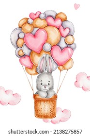 Bunny in pink air balloon; watercolor hand drawn illustration; with white isolated background