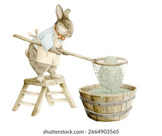 Сute bunny is preparing for Easter and painting an egg with green paint.. Watercolor hand drawn illustration for invitations, cards, packaging, wall decor, stickers