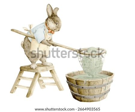 Сute bunny is preparing for Easter and painting an egg with green paint.. Watercolor hand drawn illustration for invitations, cards, packaging, wall decor, stickers