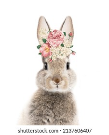 bunny or rabbit with flower wreath on head for easter for digital printing wallpaper, custom design wallpaper