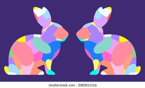 Bunny Rabbit Silhouette Filled With Bright Party Colors. Bunny Outline Filled With Multicolor Speckled Egg Shapes. Modern And Preppy Fashion. Easter Party And Chocolate Theme