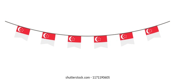 Bunting Decoration In Colors Of Singapore Flag. Garland, Pennants On A Rope For Party, Carnival, Festival, Celebration. For National Day Of  Singapore On August 18