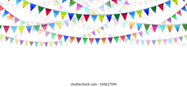 Bunting flags on a white background as an advertising and marketing icon of happy celebration for a birthday or special event as a horizontal design element for communication.