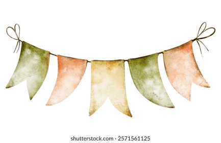 Bunting hanging garland Flag. Watercolor illustration of triangular garland in green and orange colors. Drawing of pennants for Baby shower party greeting cards or St. Patrick's day invitation cards.