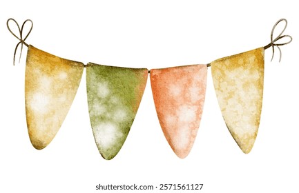 Bunting hanging garland Flag. Watercolor illustration of triangular garland in green and orange colors. Drawing of pennants for Baby shower party greeting cards or St. Patrick's day invitation cards.