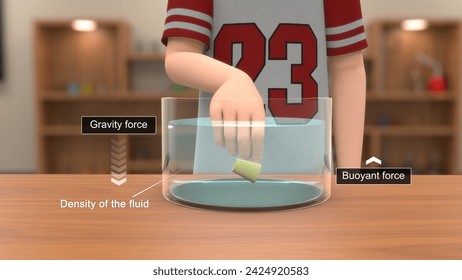 Buoyancy or up thrust experiment with cork 3d illustration